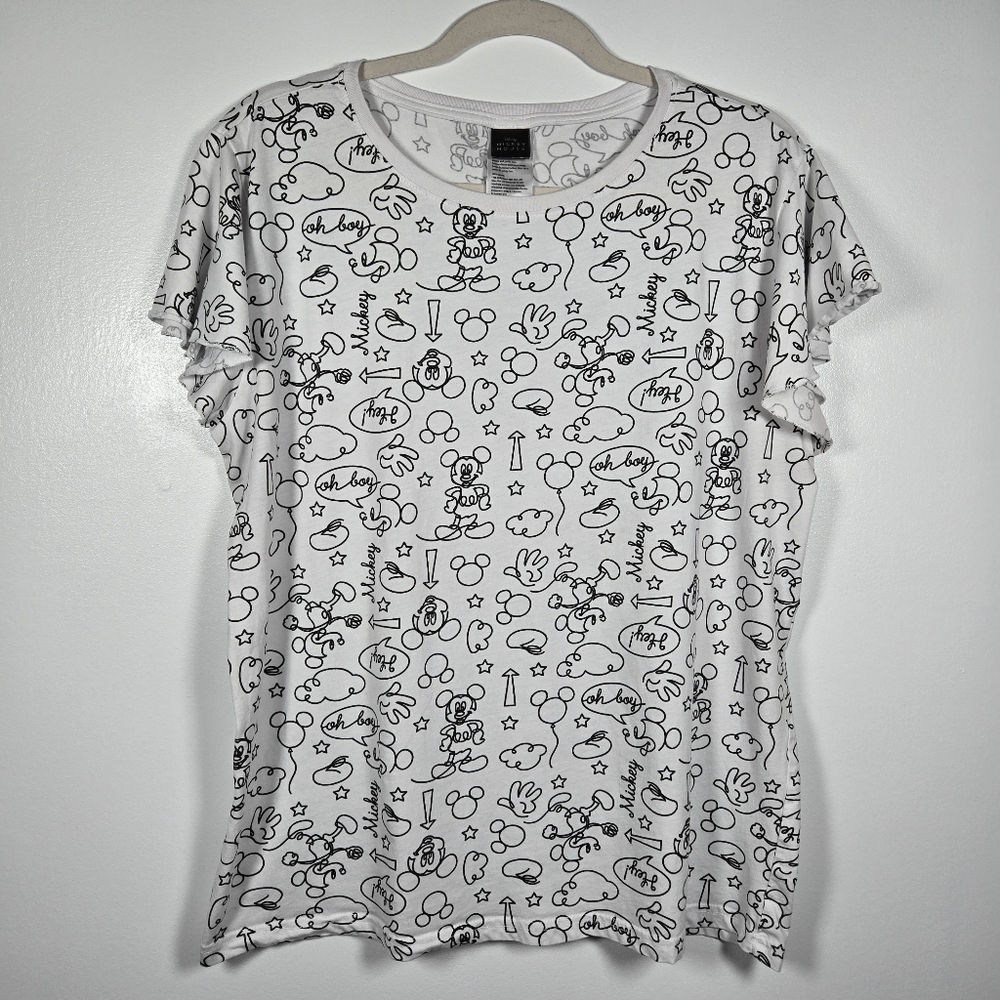 Disney Mickey Mouse Character Sayings White Black Flutter Sleeve T-Shirt Size XL